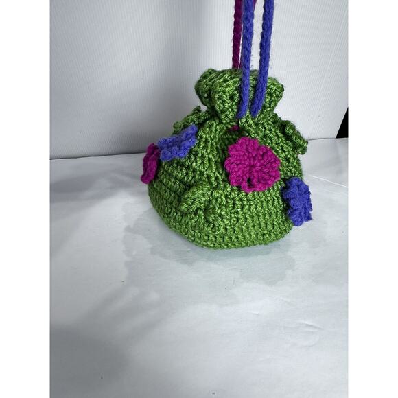 Vintage Handmade Crochet Purse Drawstring With Lining Round Pouch Flower Design - Picture 4 of 16
